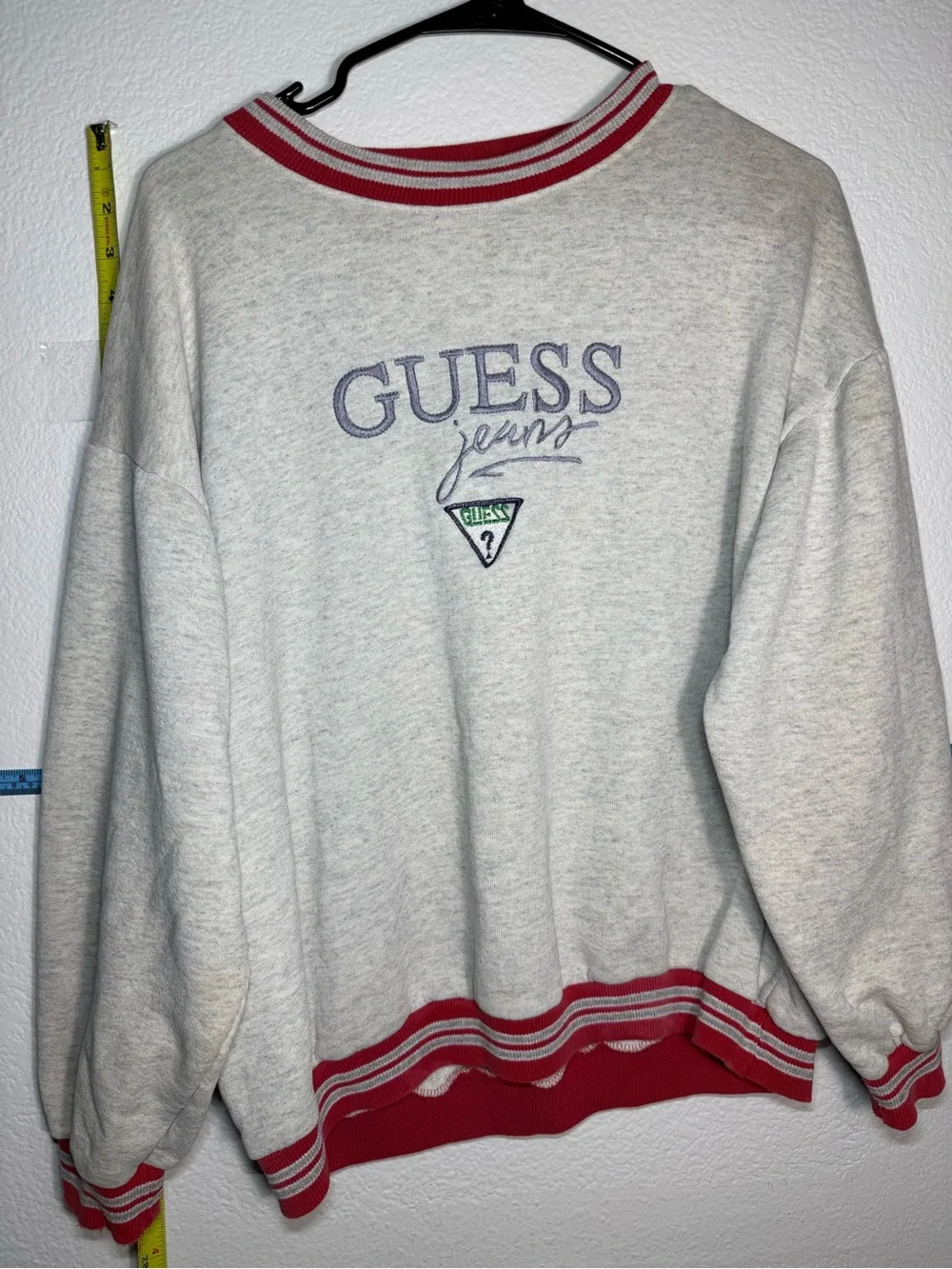 Guess Light Gray Crewneck Sweater with Red Trim